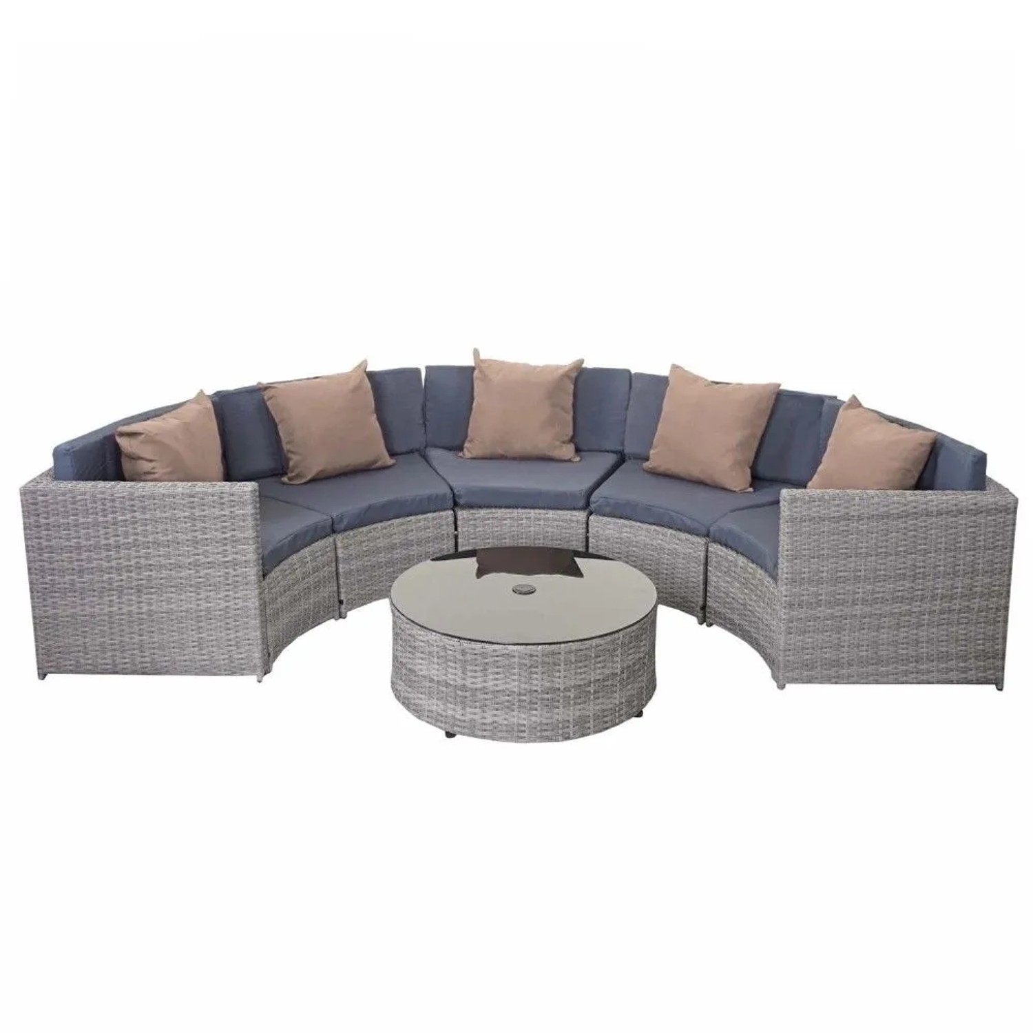 MCW Poly-Rattan Garnitur E17 Rund Grau Polster Dunkelgrau Kissen Beige