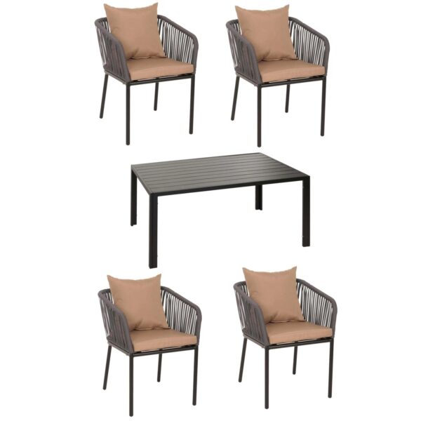 MCW Gartengarnitur N41 Tisch 4xStuhl Wetterfest Alu 140x80cm Seilgeflecht Rope Anthrazit Kissen Taupe MCW Gartengarnitur N41 Tisch 4xStuhl Wetterfest Alu 140x80cm Seilgeflecht Rope Anthrazit Kissen Taupe