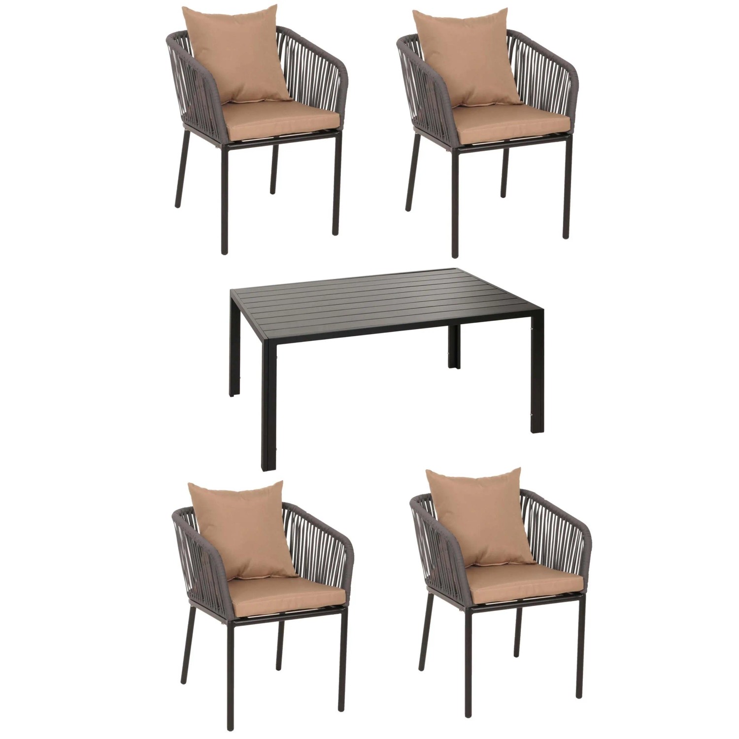 MCW Gartengarnitur N41 Tisch 4xStuhl Wetterfest Alu 140x80cm Seilgeflecht Rope Anthrazit Kissen Taupe