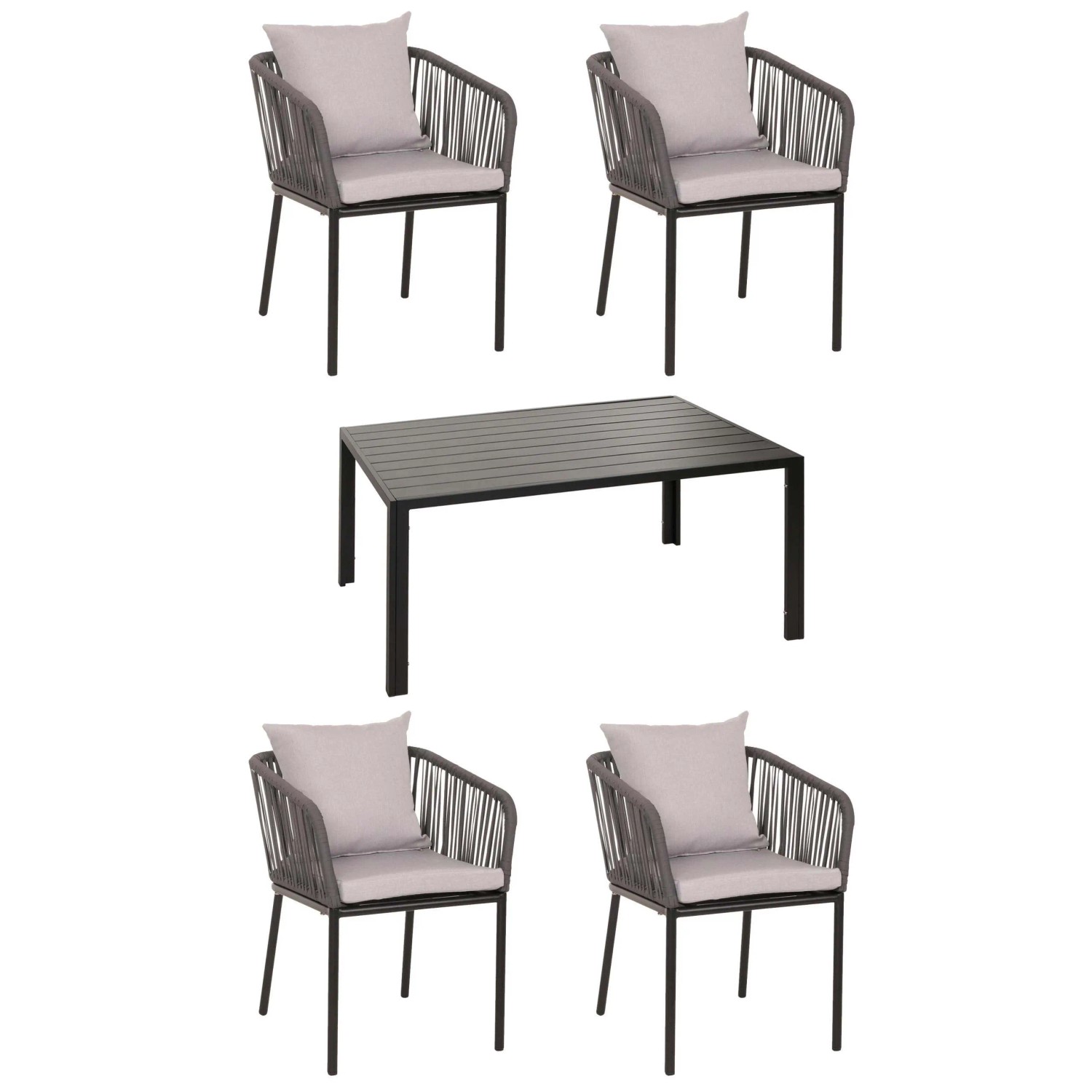 MCW Gartengarnitur N41 Tisch 4xStuhl Wetterfest Alu 140x80cm Seilgeflecht Rope Anthrazit Kissen Grau