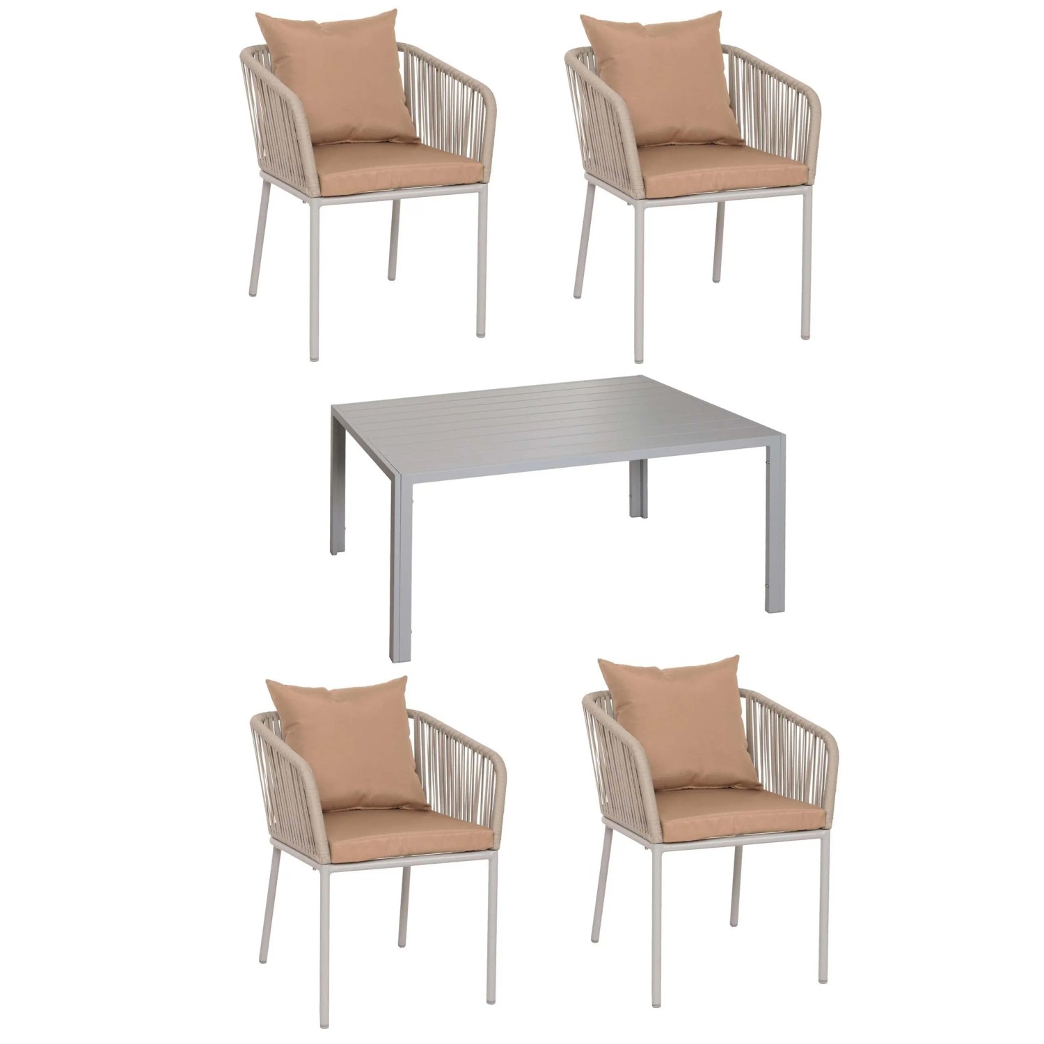 MCW Gartengarnitur N41 Sitzgruppe Tisch 4xStuhl Wetterfest Alu 140x80cm Seilgeflecht Rope Hellgrau K