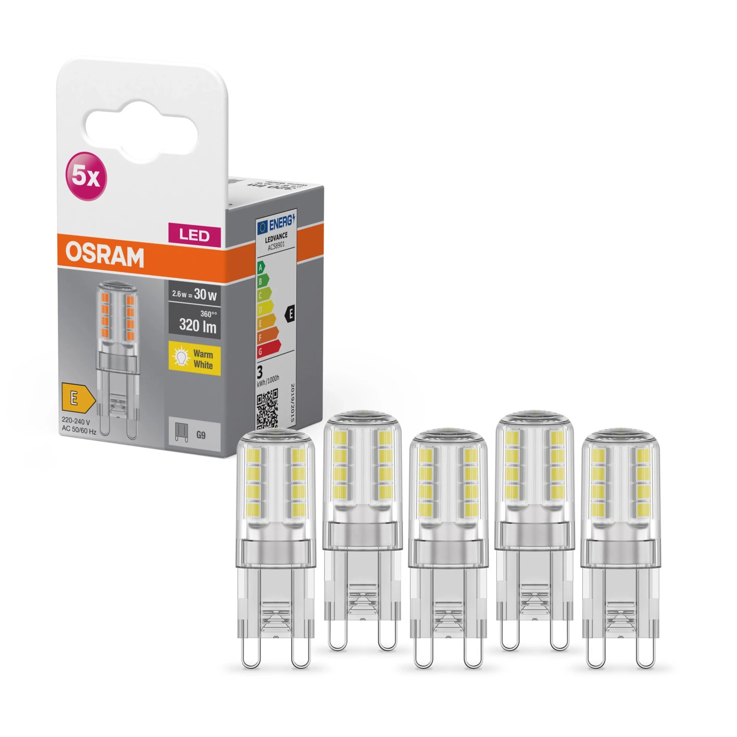Osram LED-Leuchtmittel G9 2,6 W Warmweiß 320,m 5er Set 4,7 x 1,5 cm (H x Ø)