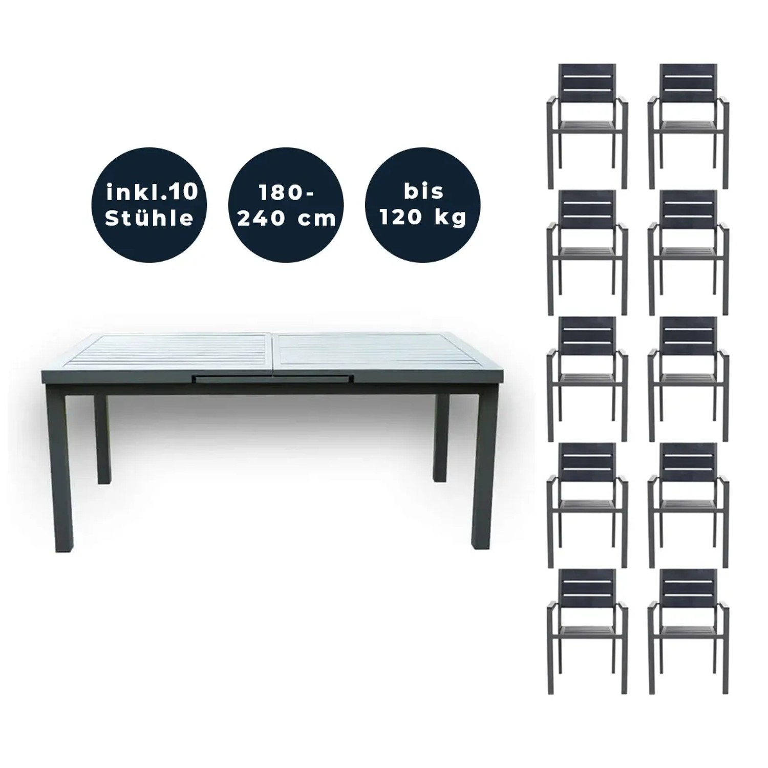 Home Deluxe Gartenmöbel-Set Calido Madera 11-tlg. Anthrazit mit Ausziehtisch