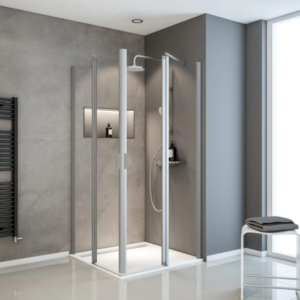 Schulte Eckeinstieg 4-teilig Sunny Alu-Natur Echtglas Klar Hell 180 cm x 90 cm Schulte Eckeinstieg 4-teilig Sunny Alu-Natur Echtglas Klar Hell 180 cm x 90 cm
