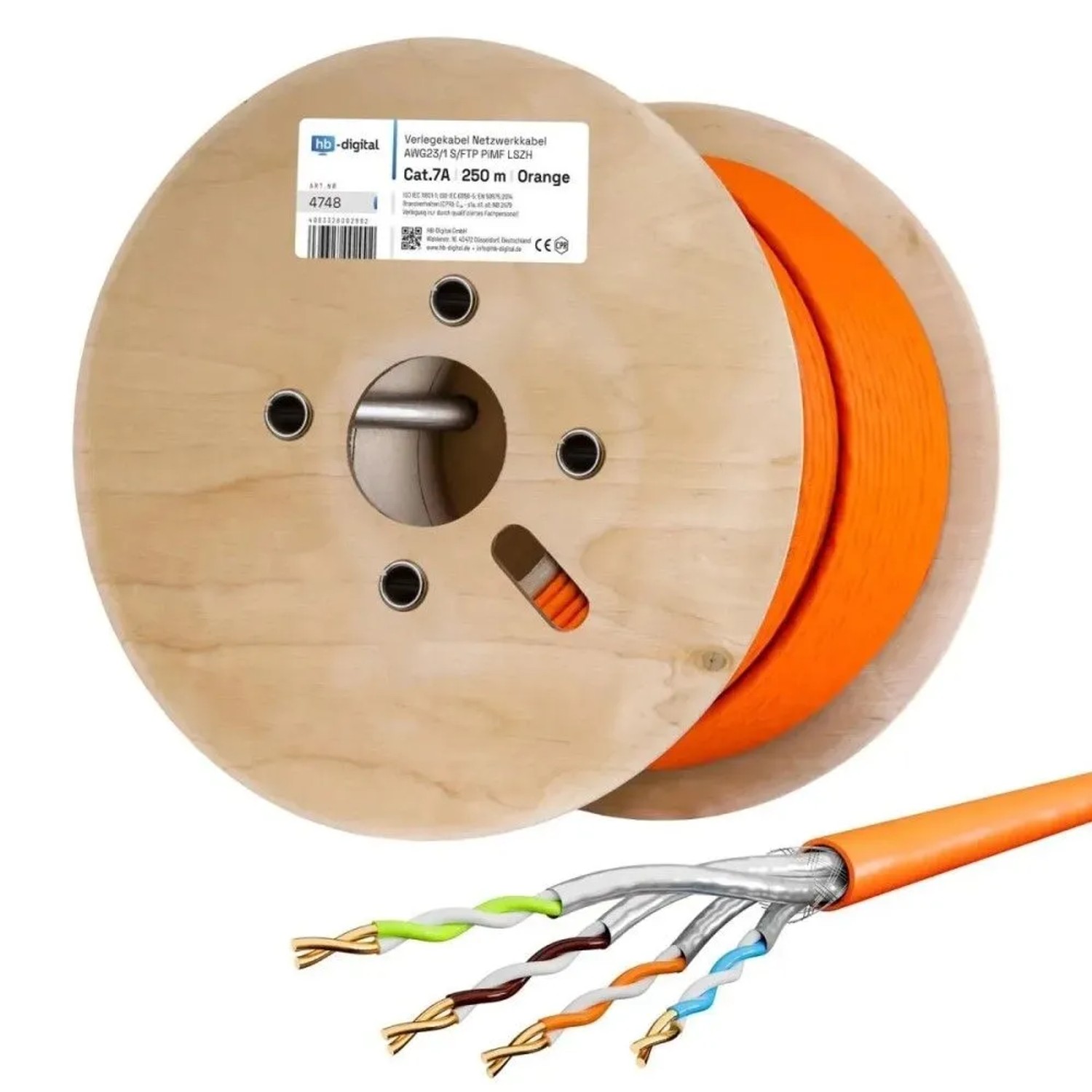 hb-digital Netzwerkkabel CAT 7a Verlegekabel max. 1200 MHz S/FTP AWG23 LSZH 250m Orange