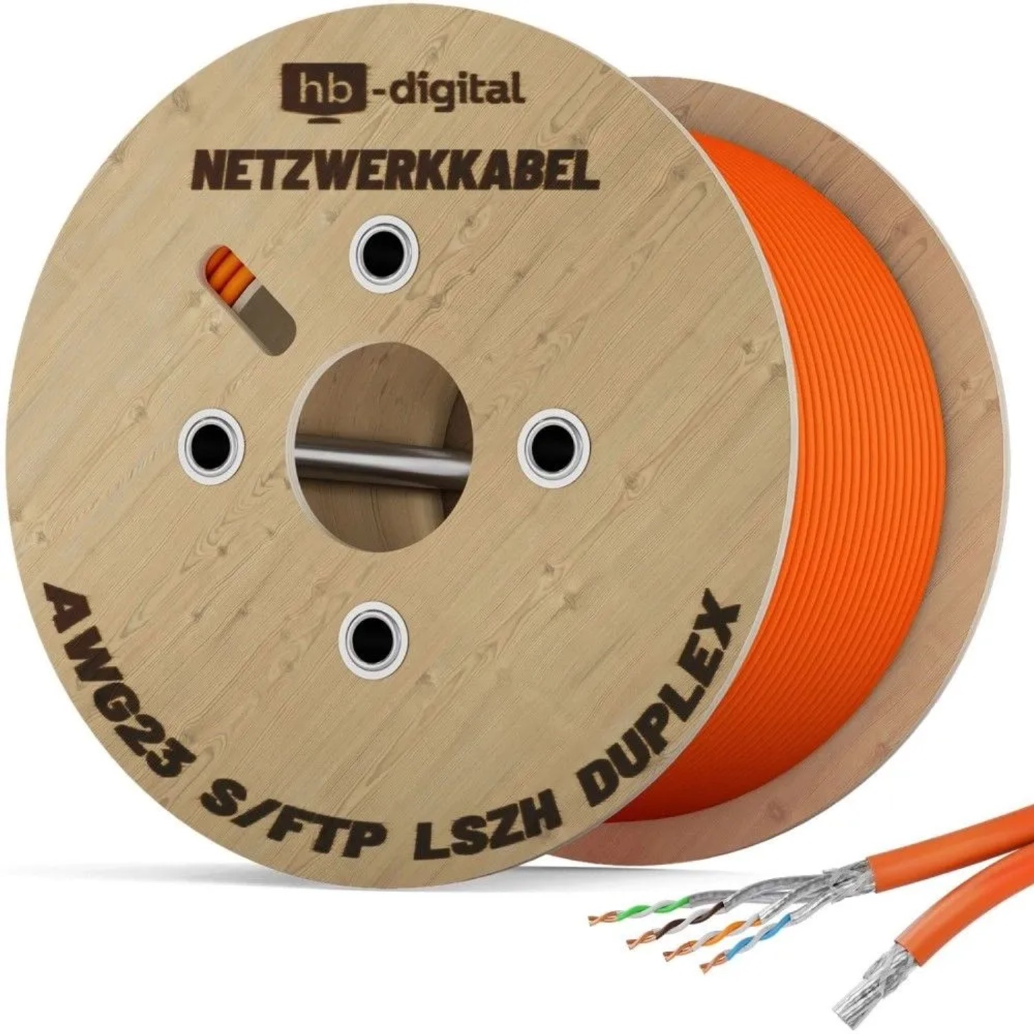 hb-digital CAT 7 Kabel Duplex Ethernetkabel LSZH max. 1000 MHz S/FTP AWG23 500m Orange