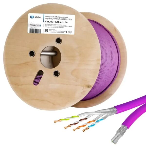 hb-digital CAT 7a Verlegekabel Duplex Installationskabel max. 1200 MHz S/FTP AWG23 LSZH 100m Lila