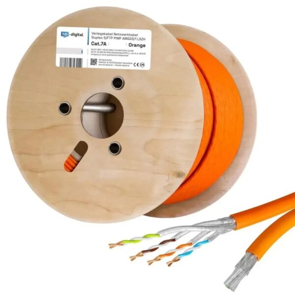 hb-digital CAT 7a Verlegekabel Duplex Installationskabel max. 1200 MHz S/FTP AWG23 LSZH 500m Orange