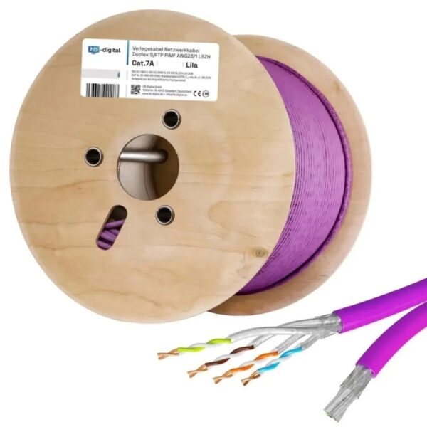 hb-digital CAT 7a Verlegekabel Duplex Installationskabel max. 1200 MHz S/FTP AWG23 LSZH 500m Lila