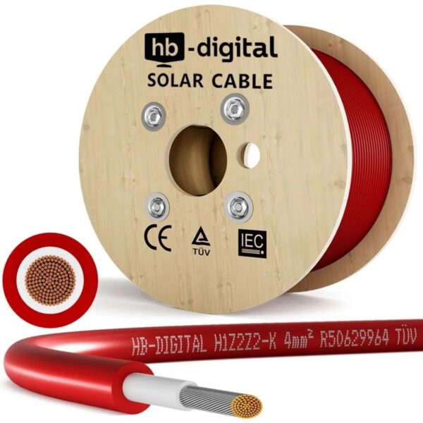 hb-digital Solarkabel 4 mm² H1Z2Z2-K TÜV Zertifiziertes Photovoltaik Kabel für PV Anlagen 200m Rot