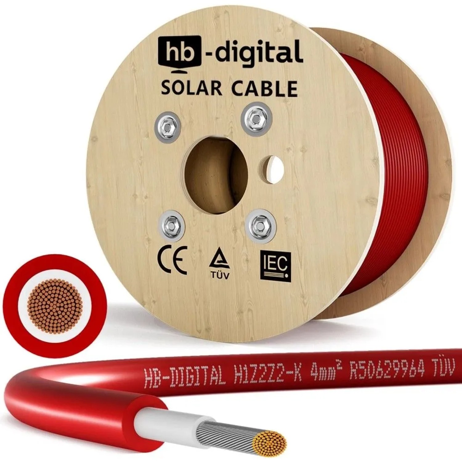 hb-digital Solarkabel 4 mm² H1Z2Z2-K TÜV Zertifiziertes Photovoltaik Kabel für PV Anlagen 200m Rot