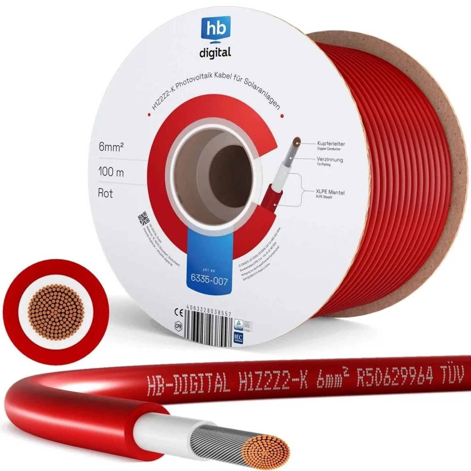 hb-digital Solarkabel 6 mm² H1Z2Z2-K TÜV Zertifiziertes Photovoltaik Kabel für PV Anlagen 100m Rot
