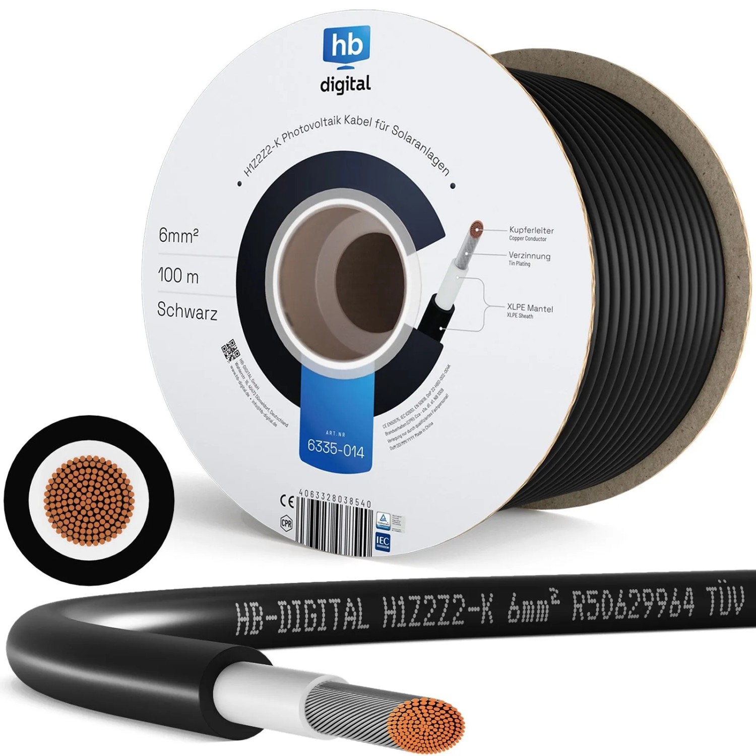 hb-digital Solarkabel 6 mm² H1Z2Z2-K TÜV zertifiziertes PV Kabel für Solar Anlagen 100m schwarz