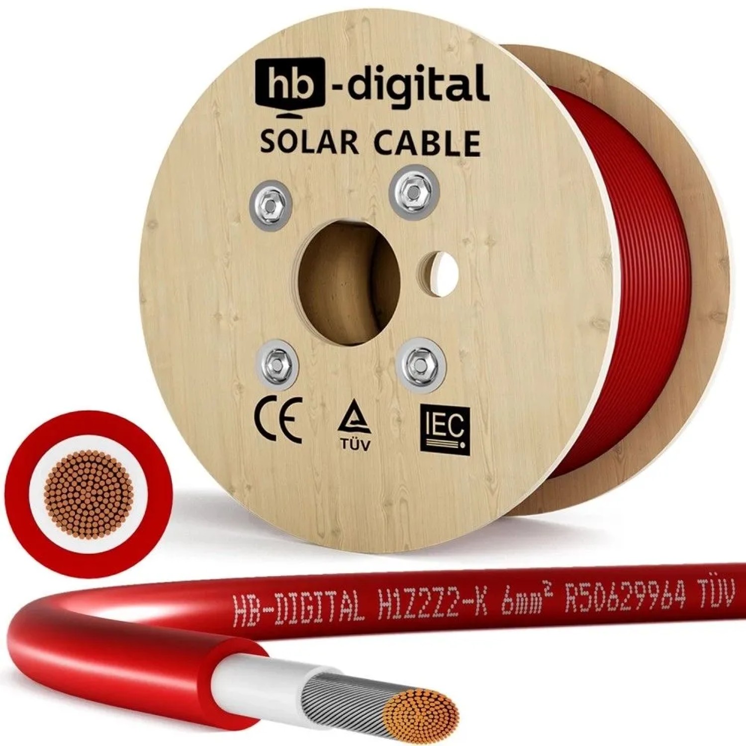 hb-digital Solarkabel 6 mm² H1Z2Z2-K TÜV Zertifiziertes Photovoltaik Kabel für PV Anlagen 500m Rot