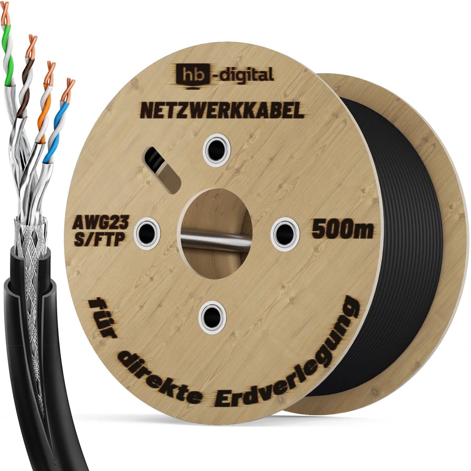 hb-digital 500m CAT 7 Erdverlegekabel Doppelmantel S/FTP PVC + LLDPE AWG23 für Außenbereich