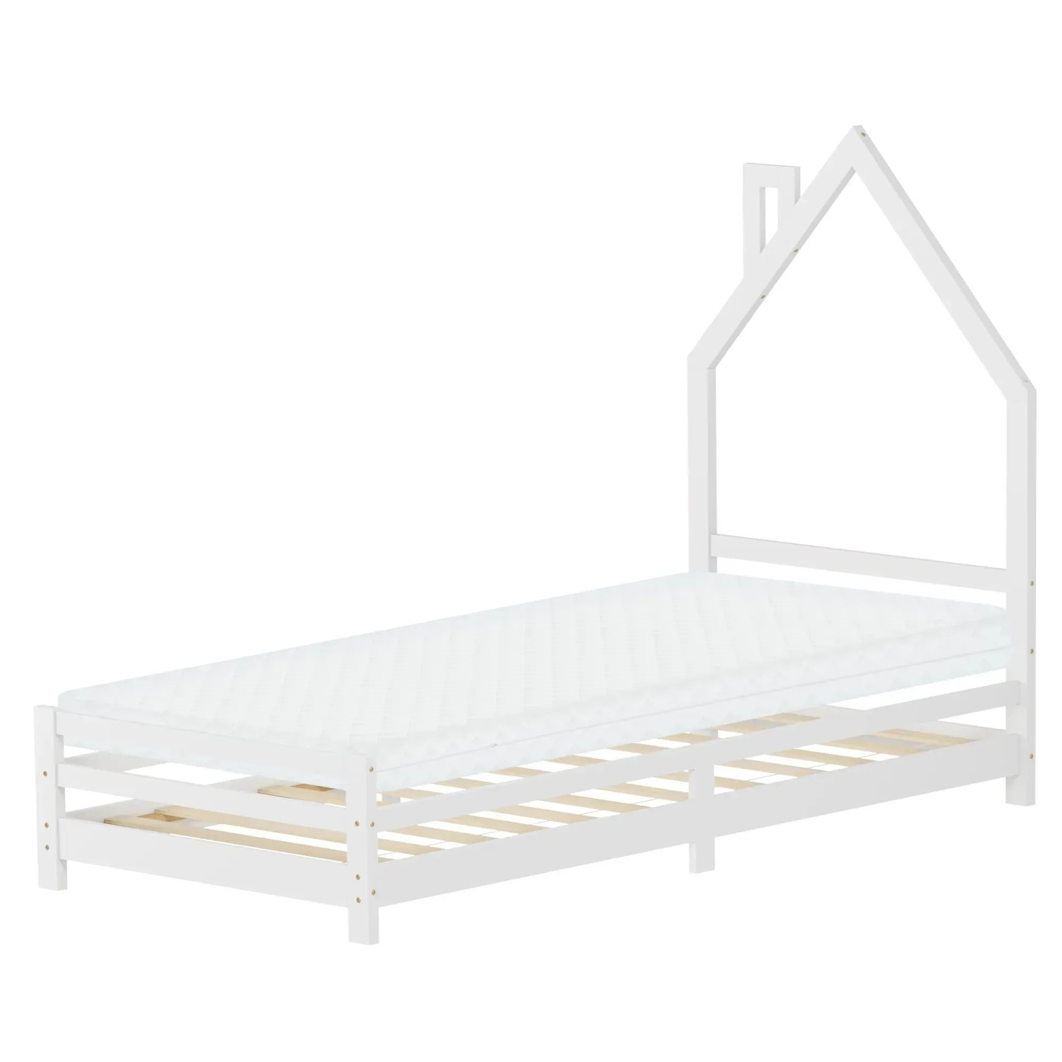 ML-Design Kinderbett Haus 90x200 cm mit Matratze H10 cm Weiß Holz