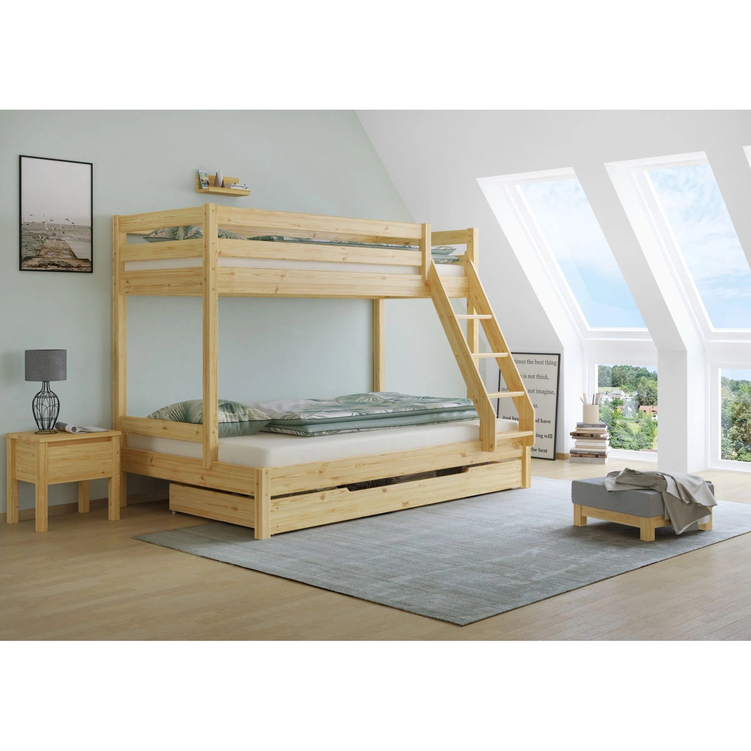 Erst-Holz Doppel Etagenbett 80 x 200 cm und 120 x 200 cm für Erwachsene Kiefer Modell 18 Rollrost