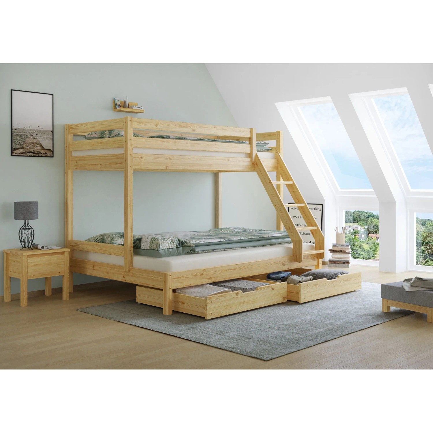 Erst-Holz Doppel-Etagenbett 90 x 200 cm und 140 x 200 cm Erwachsene Kiefer Natur Modell 18 Rollrost