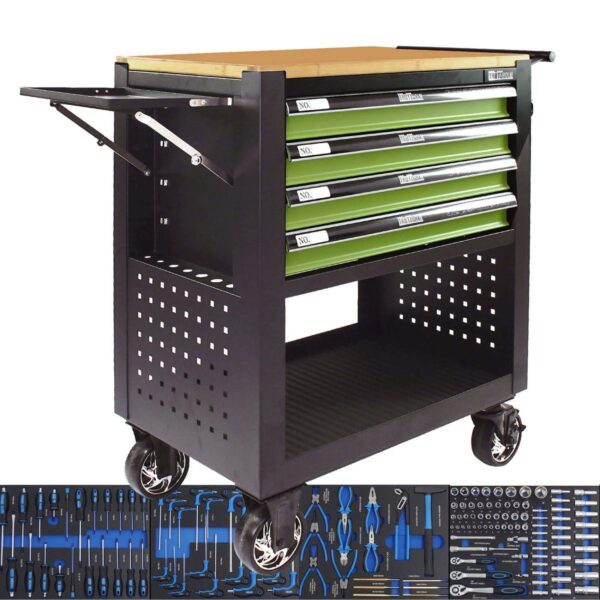 TRUTZHOLM Werkstattwagen 4 Schubladen Bestückt Massivholz Platte Profi Compact Grün TRUTZHOLM Werkstattwagen 4 Schubladen Bestückt Massivholz Platte Profi Compact Grün