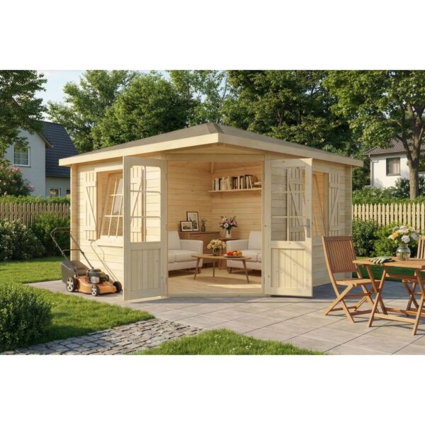 Alpholz Gartenhaus Monica Royal Spitzdach Unbehandelt 375 cm x 375 cm