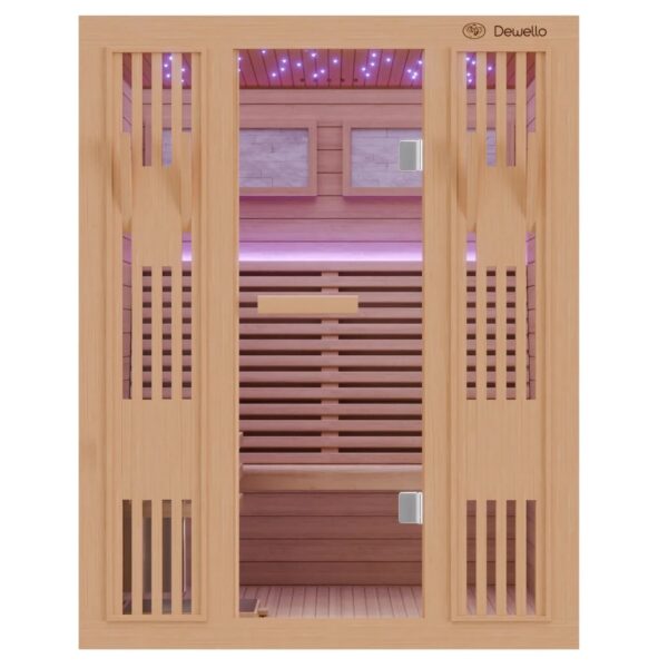 Dewello Finnische Sauna Minto 150x130 Hemlock 4,5 kW Harvia Ofen Sauna Set