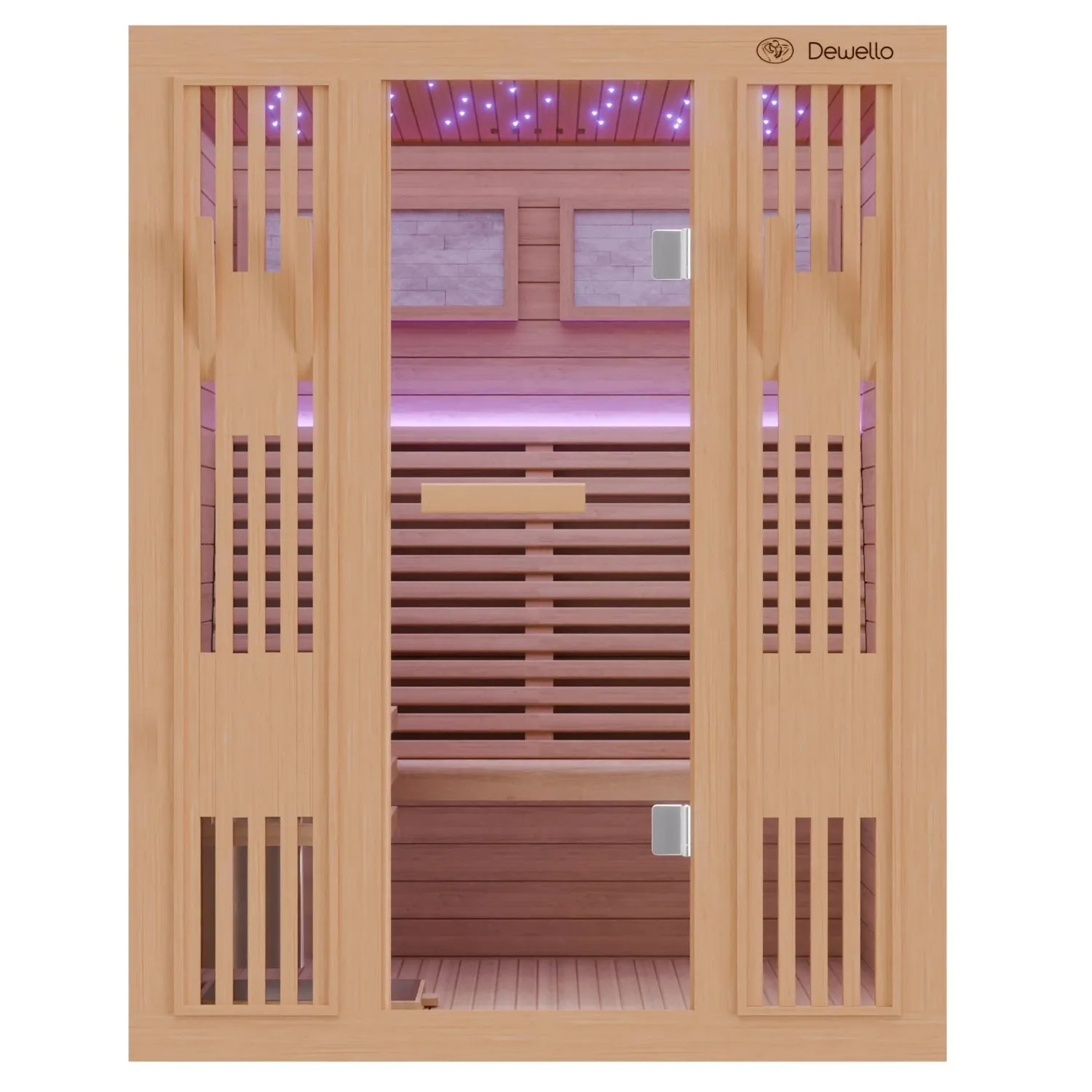 Dewello Finnische Sauna Minto 150x130 Hemlock 4,5 kW Harvia Ofen Sauna Set