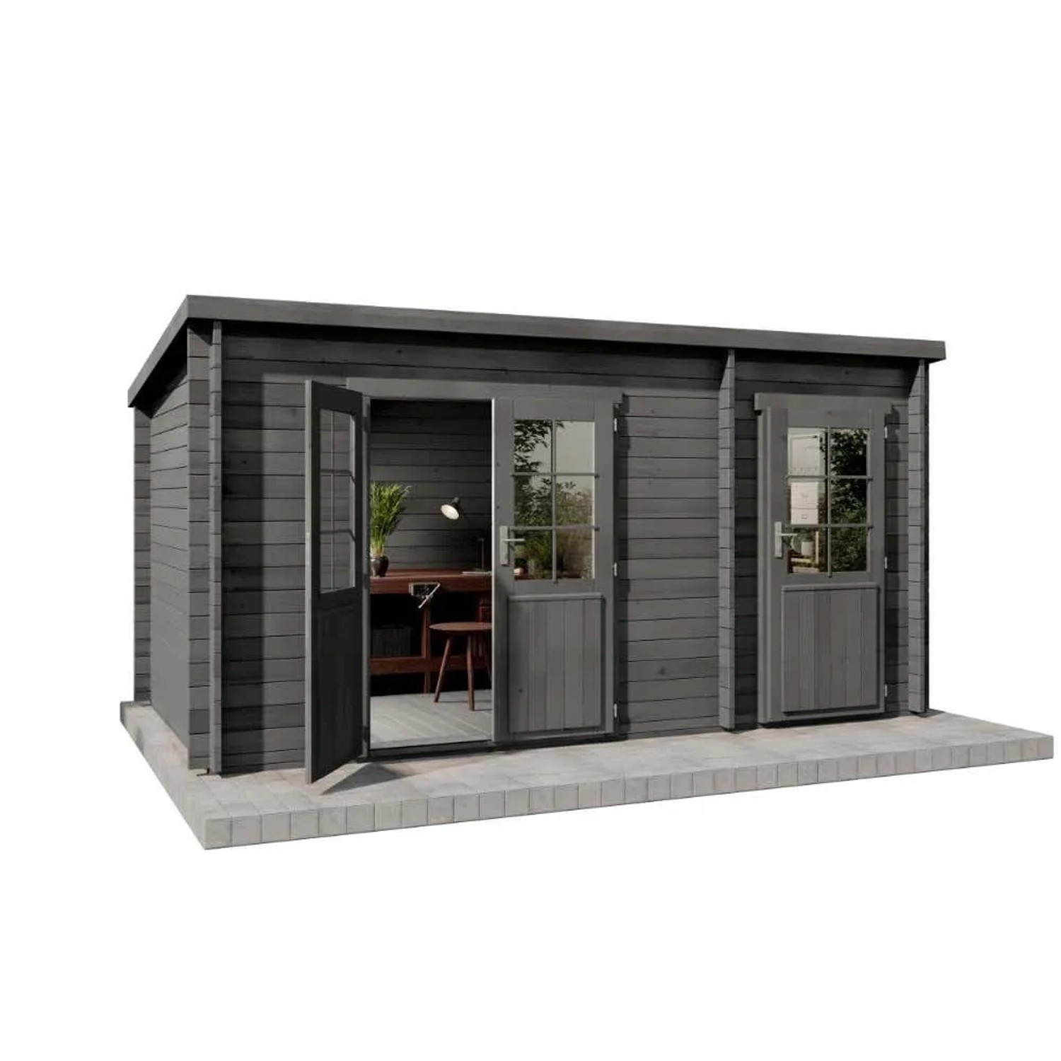 Alpholz Gartenhaus Maria 450 x 250 cm mit Anbau aus Holz mit 40 mm Wandstärke in Grau