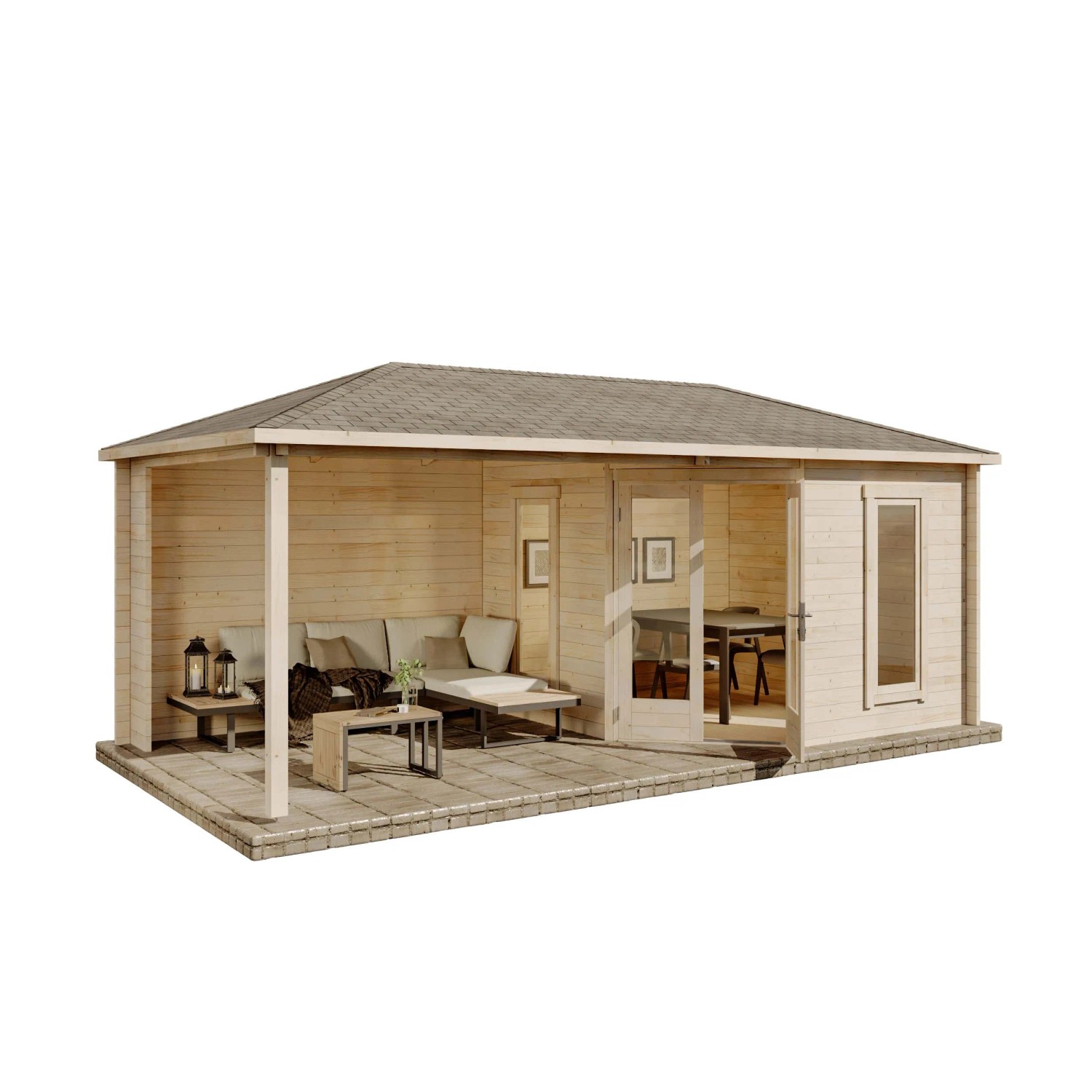 Alpholz Gartenhaus Set 5-Eck Liwa Naturbelassen 614x317cm inkl. Dacheindeckung und Fußboden