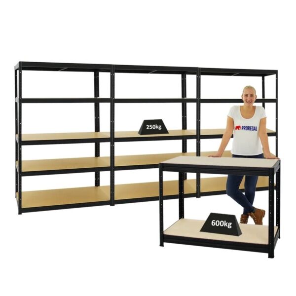 PROREGAL Mega Deal 3x Schwerlastregal Big Elephant M HxBxT 180 x 120 x 60 cm & 1x Höhenverstellbare Werkbank