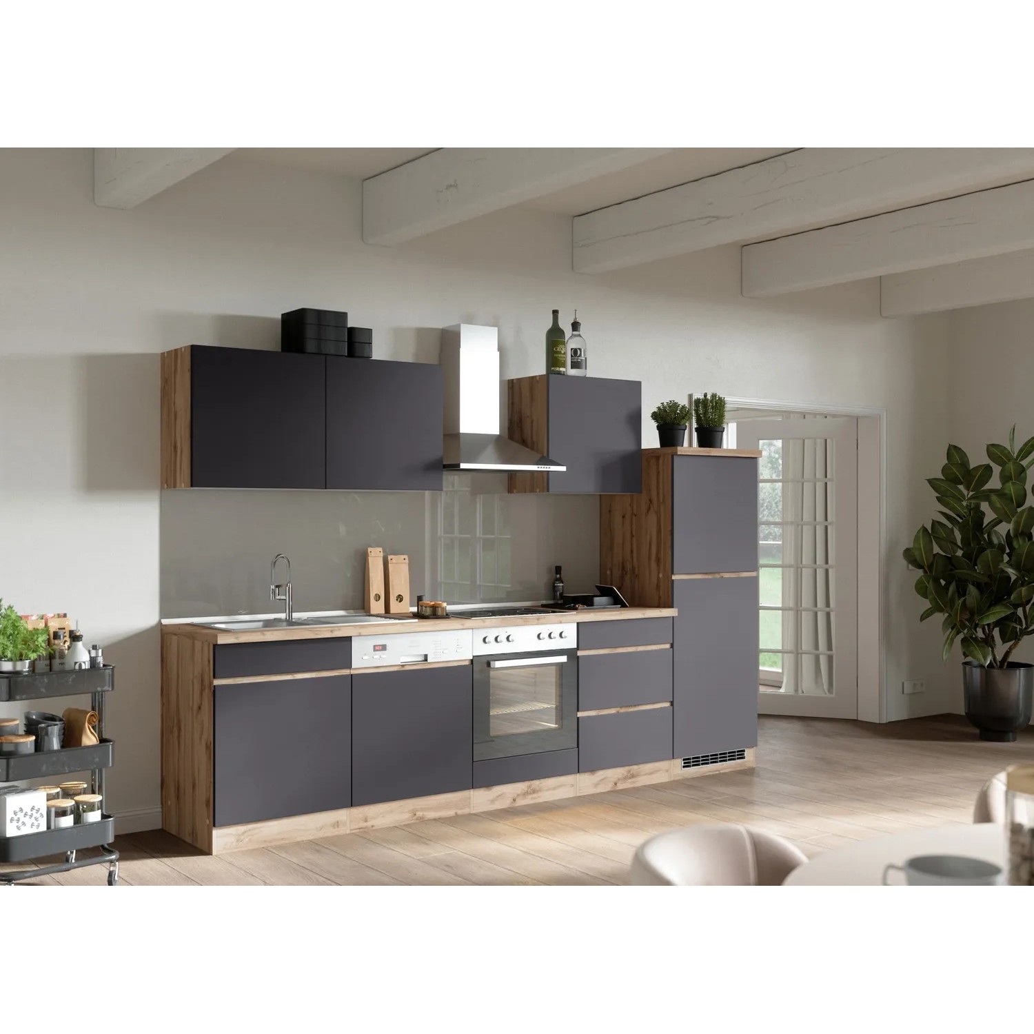 Held Möbel Küchenzeile Turin 300 cm Graphit-Wotaneiche mit E-Geräten