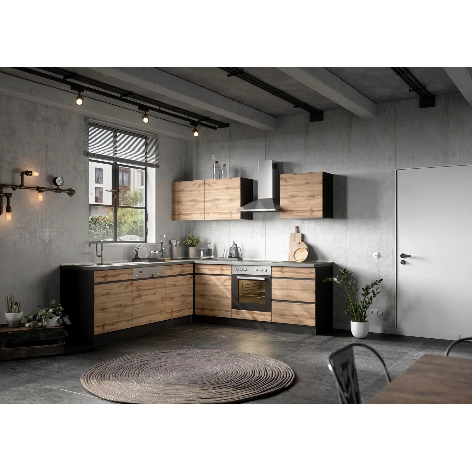 Held Möbel Winkelküche Turin 240 x 240 cm Wotaneiche-Graphit mit E-Geräten