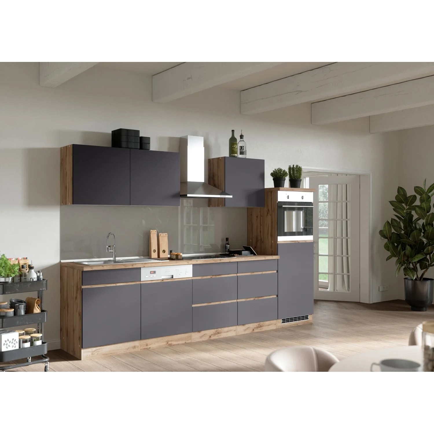 Held Möbel Küchenzeile Turin 300 cm Graphit-Wotaneiche mit E-Geräten