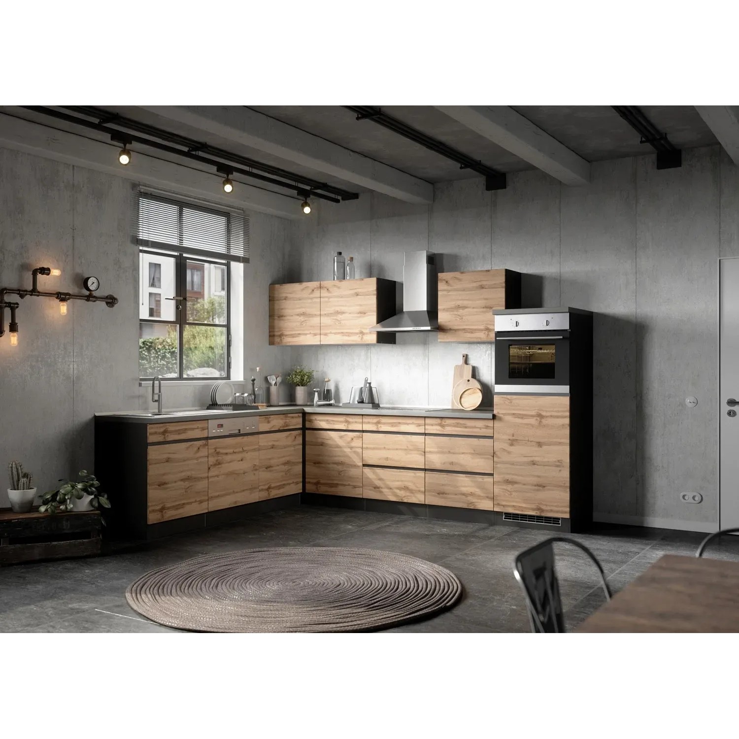 Held Möbel Winkelküche Turin 300 x 240 cm Wotaneiche-Graphit mit E-Geräten