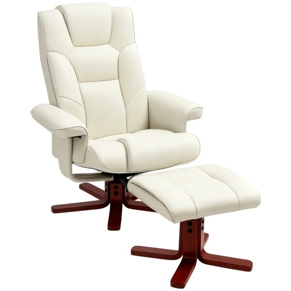HOMCOM Relaxsessel mit Hocker Kunstleder Holz Cremeweiß 84B x 84T x 104H cm