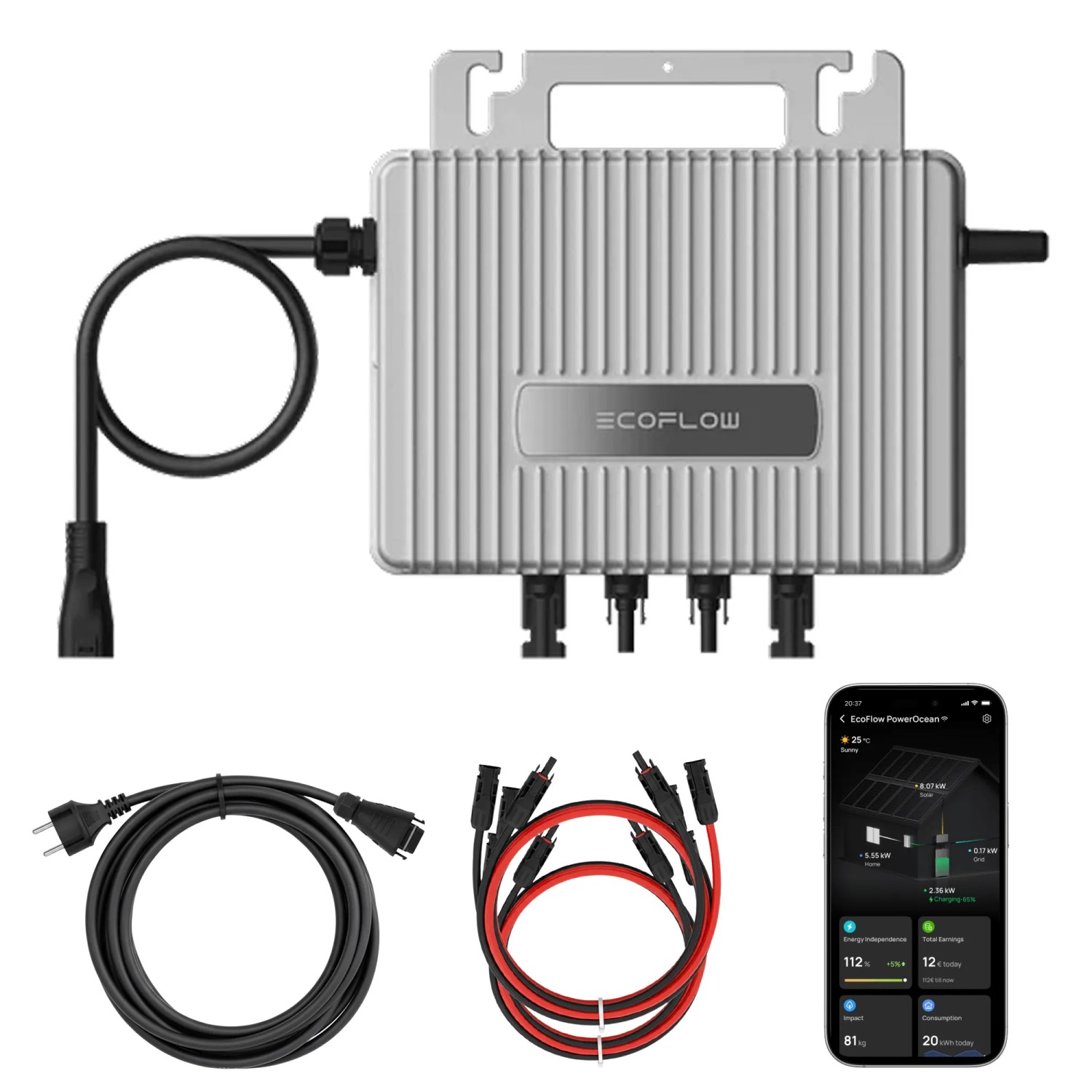 ECOFLOW Stream Mikro-Wechselrichter 800 W für Balkonkraftwerk 2 MPPT mit WIFI inkl. 5 m Anschlusskabel & 4x 1m