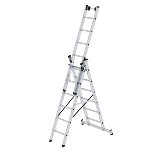 PROREGAL Sprossen-Mehrzweckleiter 3-Teilig mit Traverse und Wandlaufrollen 3 x 6 Sprossen