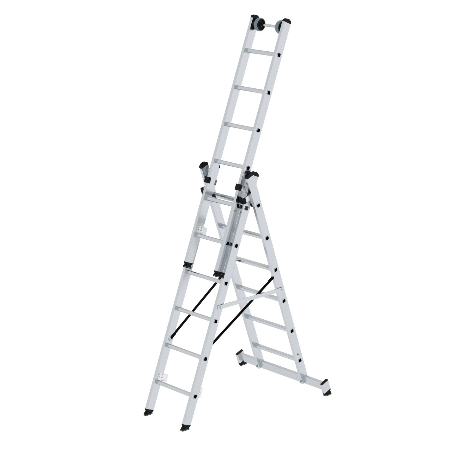 PROREGAL Sprossen-Mehrzweckleiter 3-Teilig mit Traverse und Wandlaufrollen 3 x 6 Sprossen