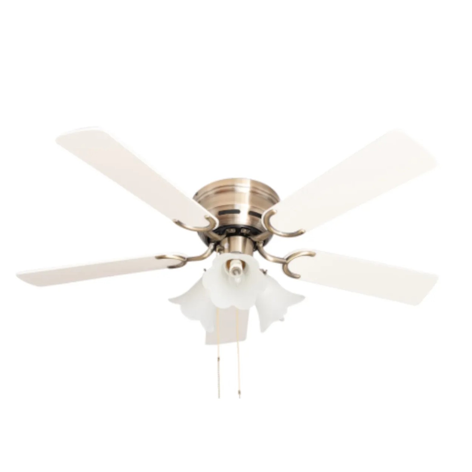 Pepeo Extra flacher Deckenventilator Pepeo Kisa Deluxe Messing Antik Flügel Weiß - Ahorn mit Beleuchtung