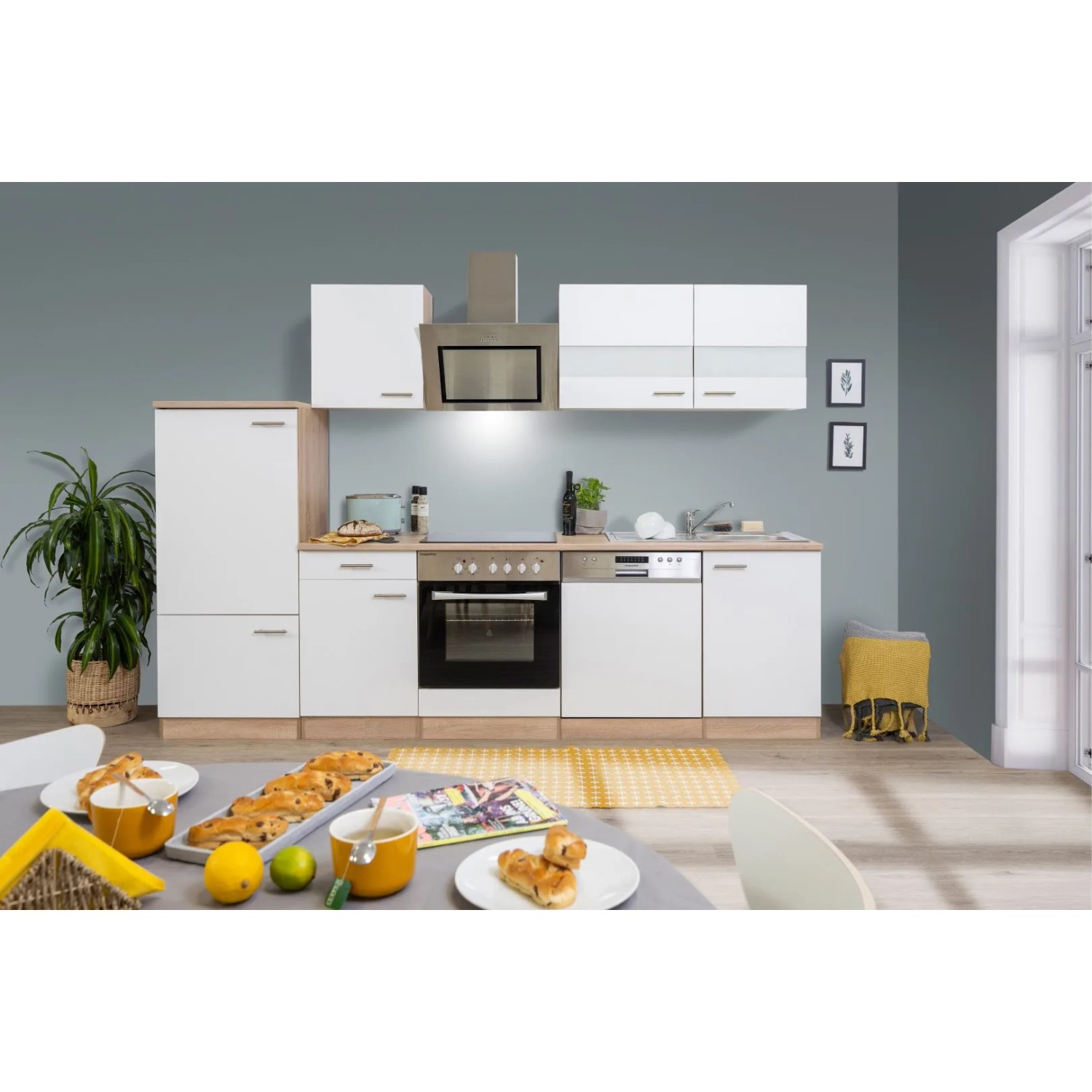 Respekta Economy Küchenzeile KB280ESWSC 280 cm Weiß-Eiche Sägerau