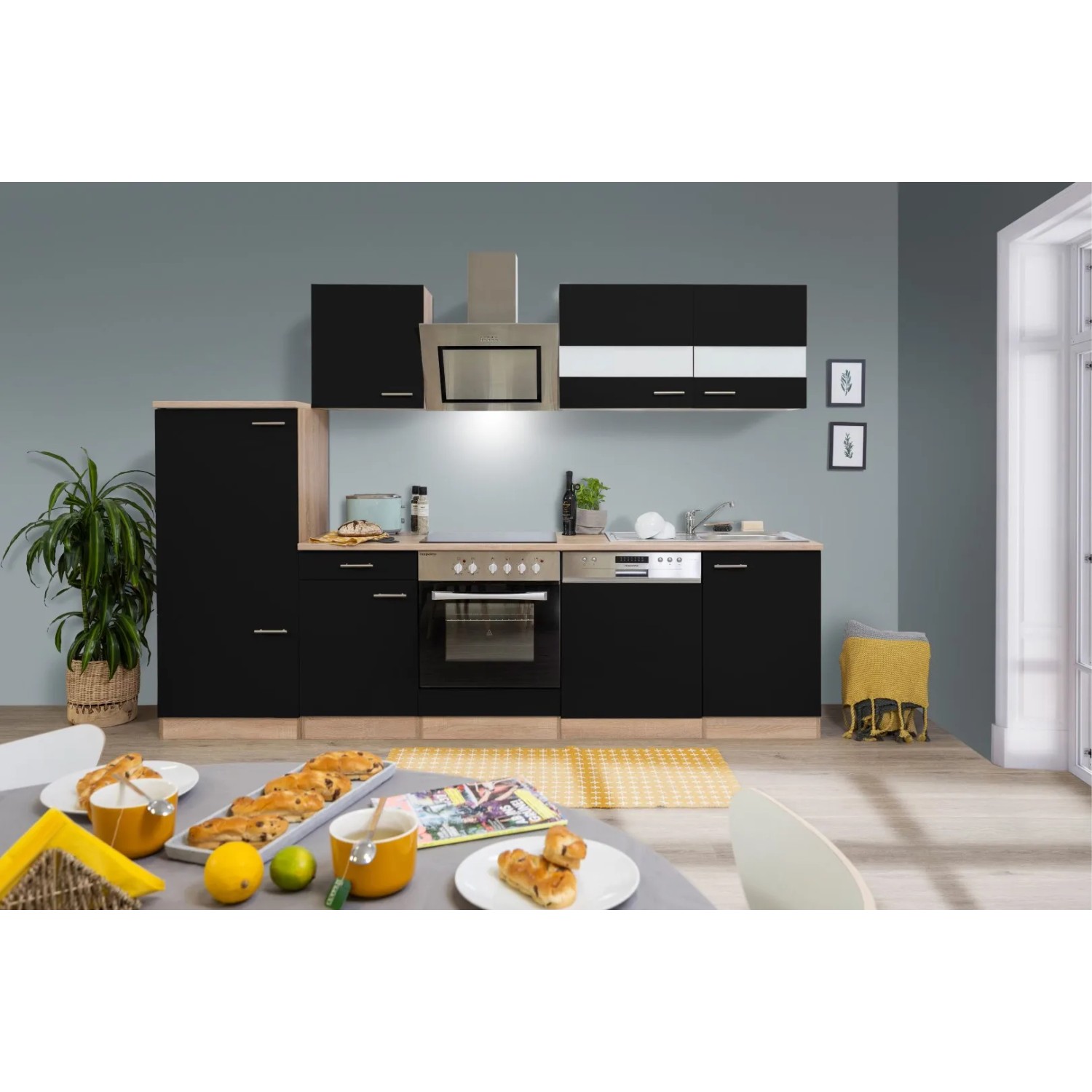 Respekta Economy Küchenzeile KB280ESSSC 280 cm Schwarz-Eiche Sägerau