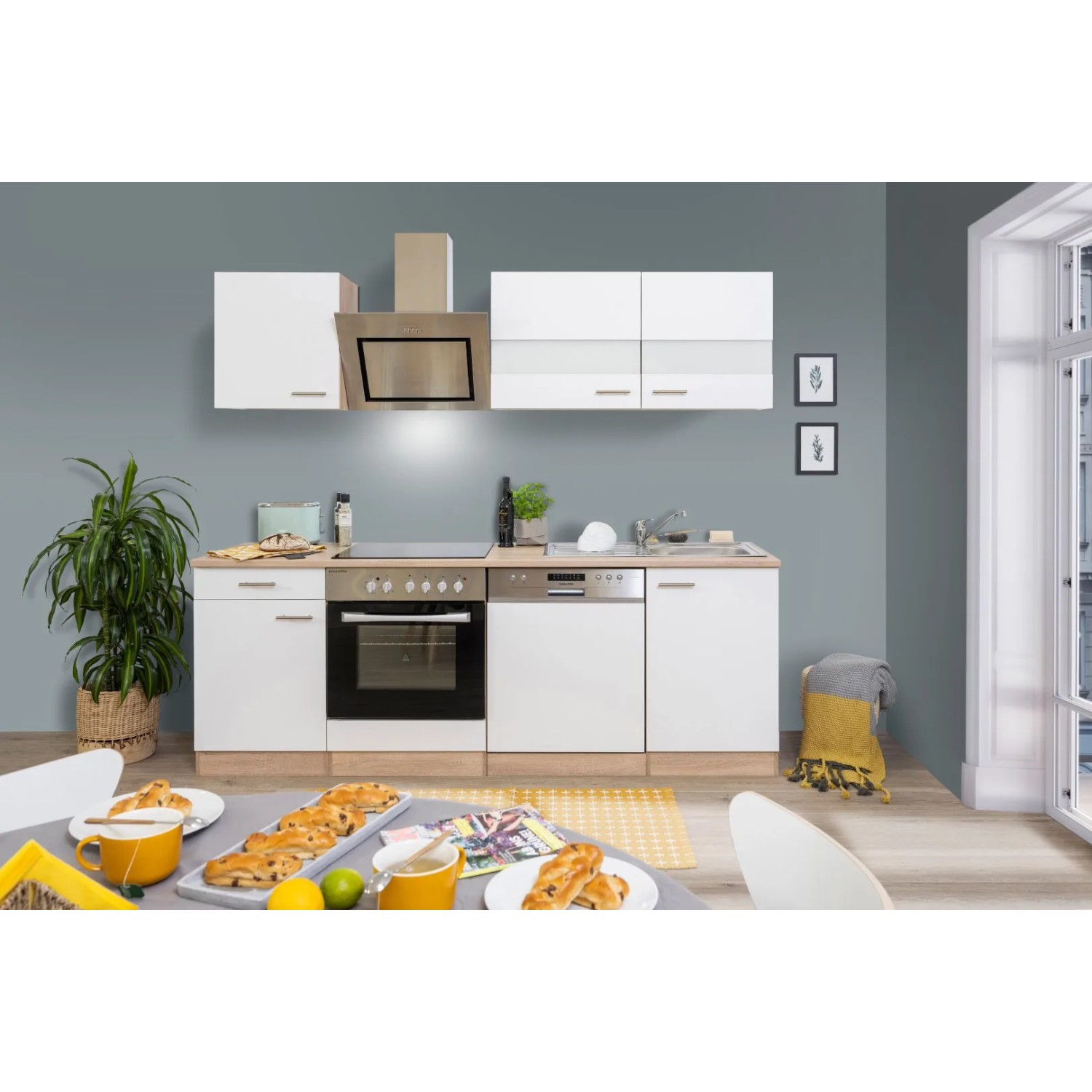 Respekta Economy Küchenzeile KB220ESWSC 220 cm Weiß-Eiche Sägerau Glänzend