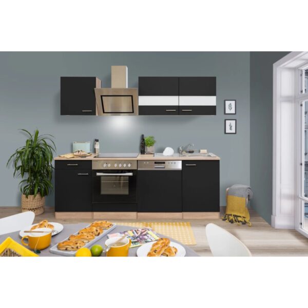Respekta Economy Küchenzeile KB220ESSSC 220 cm Schwarz-Eiche Sägerau Glänzend