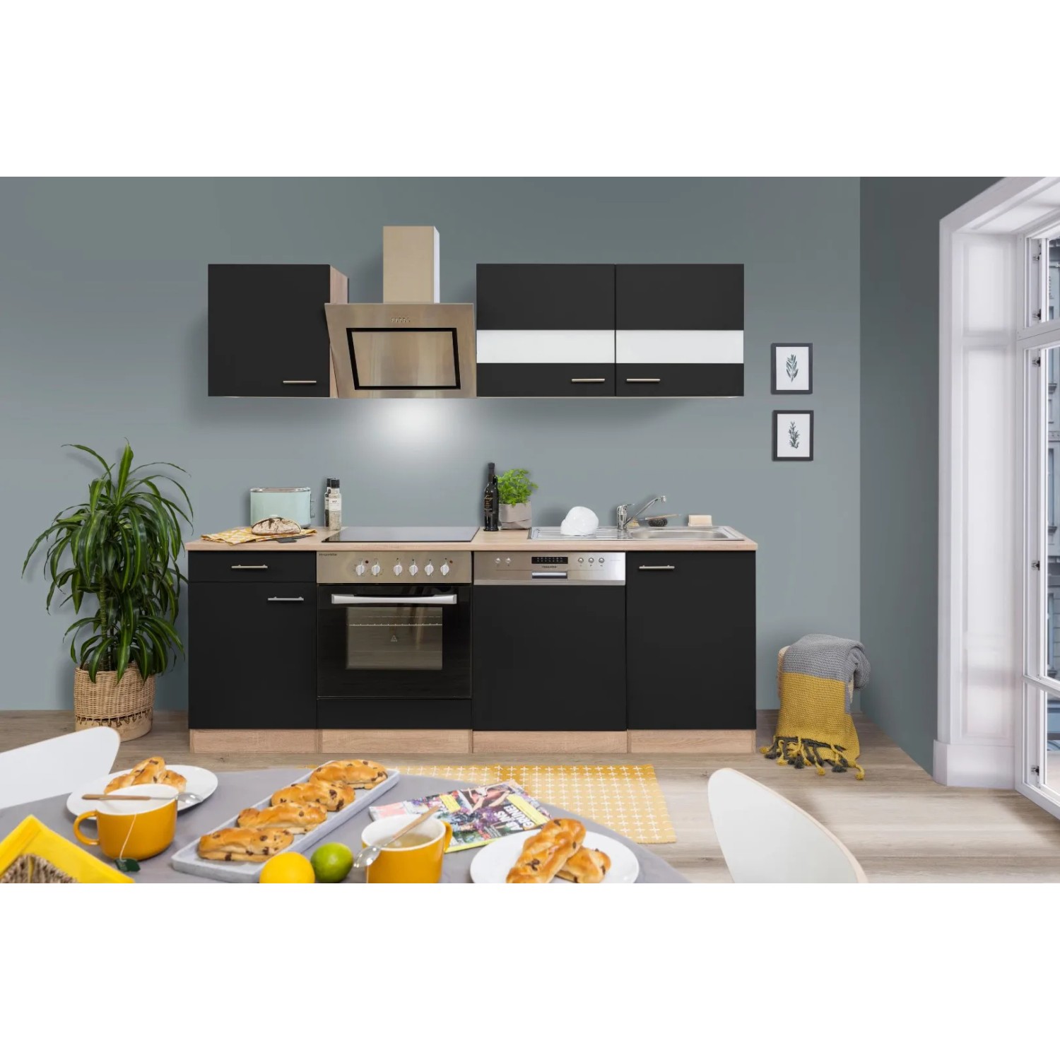 Respekta Economy Küchenzeile KB220ESSSC 220 cm Schwarz-Eiche Sägerau Glänzend
