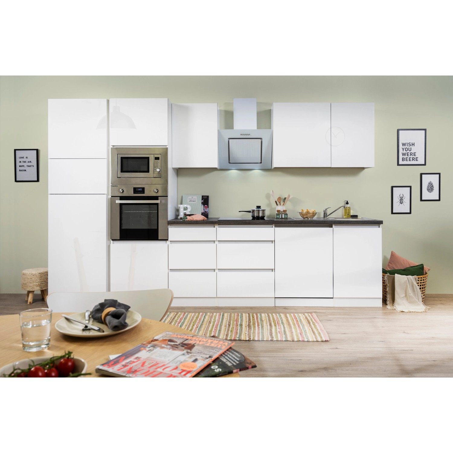 Respekta Premium Küchenzeile GLRP345HWWGKE 345 cm Weiß Hochglanz