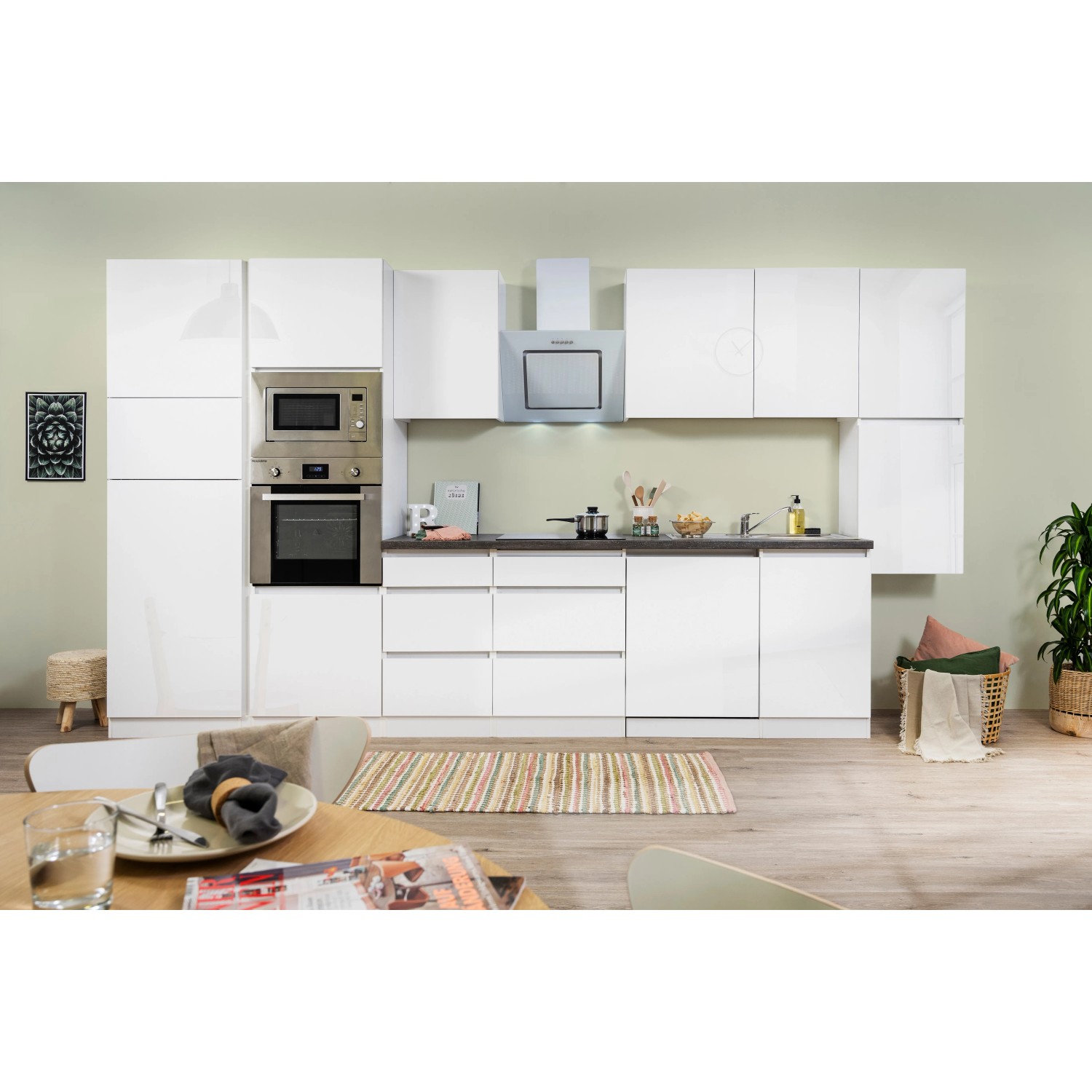 Respekta Premium Küchenzeile GLRP395HWWGKE 395 cm Weiß Hochglanz