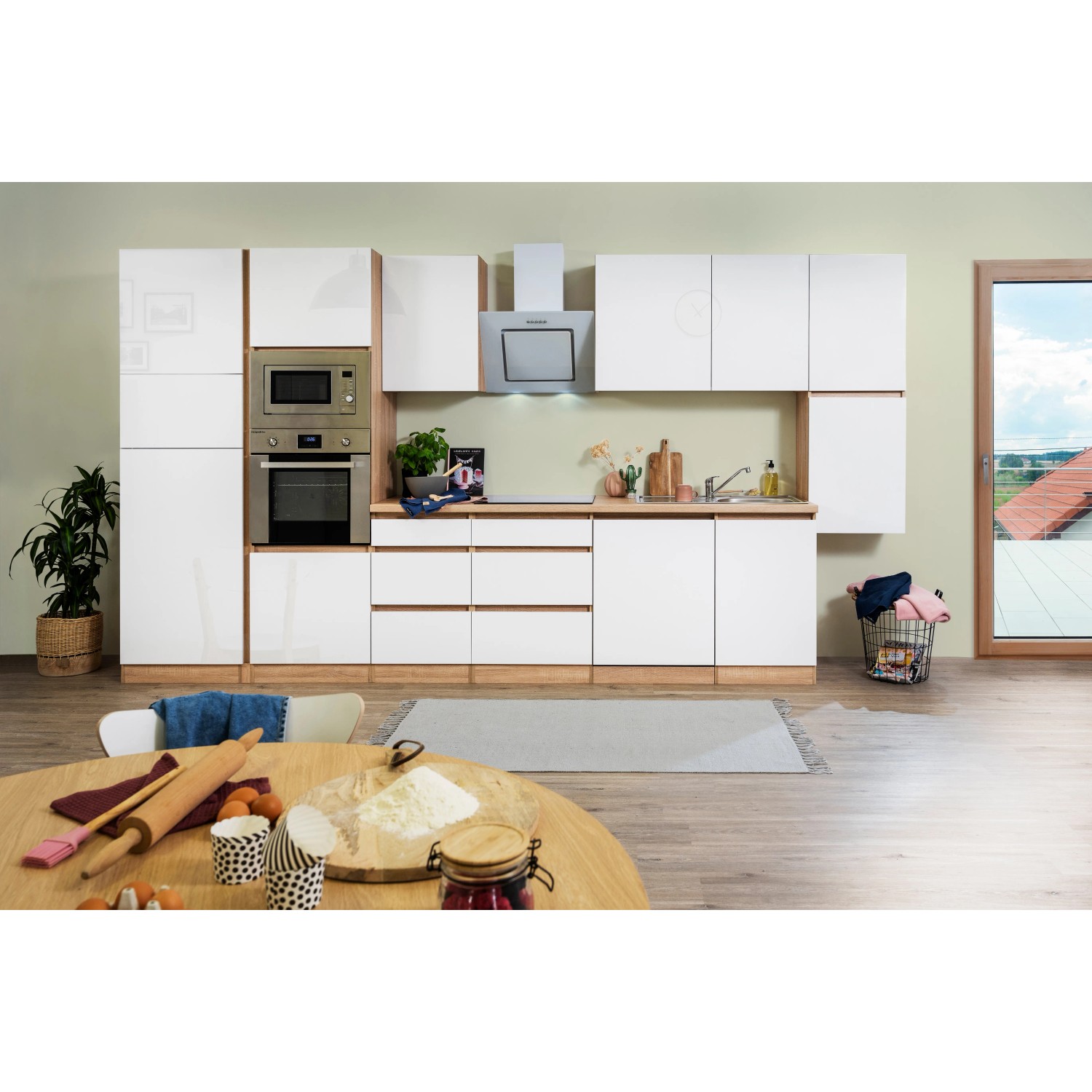Respekta Premium Küchenzeile Grifflos 395 cm Weiß Hochglanz-Eiche Sägerau