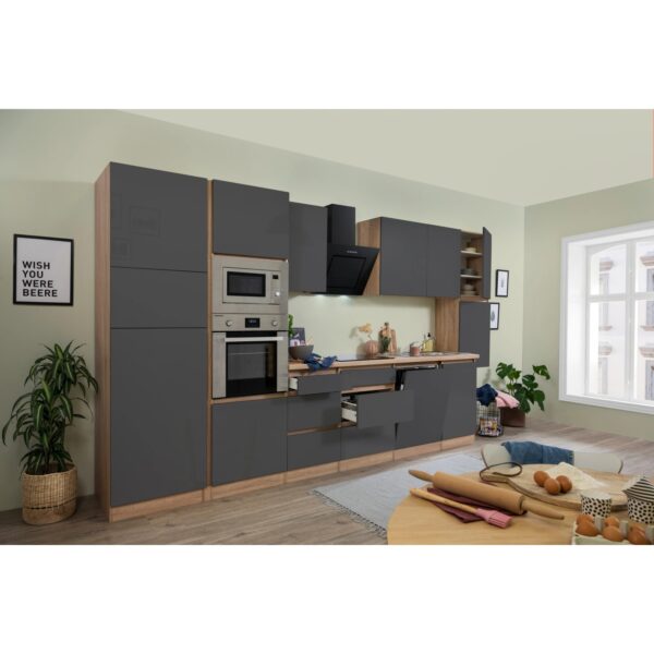 Respekta Premium Küchenzeile Grifflos 395 cm Grau Hochglanz-Eiche Sägerau