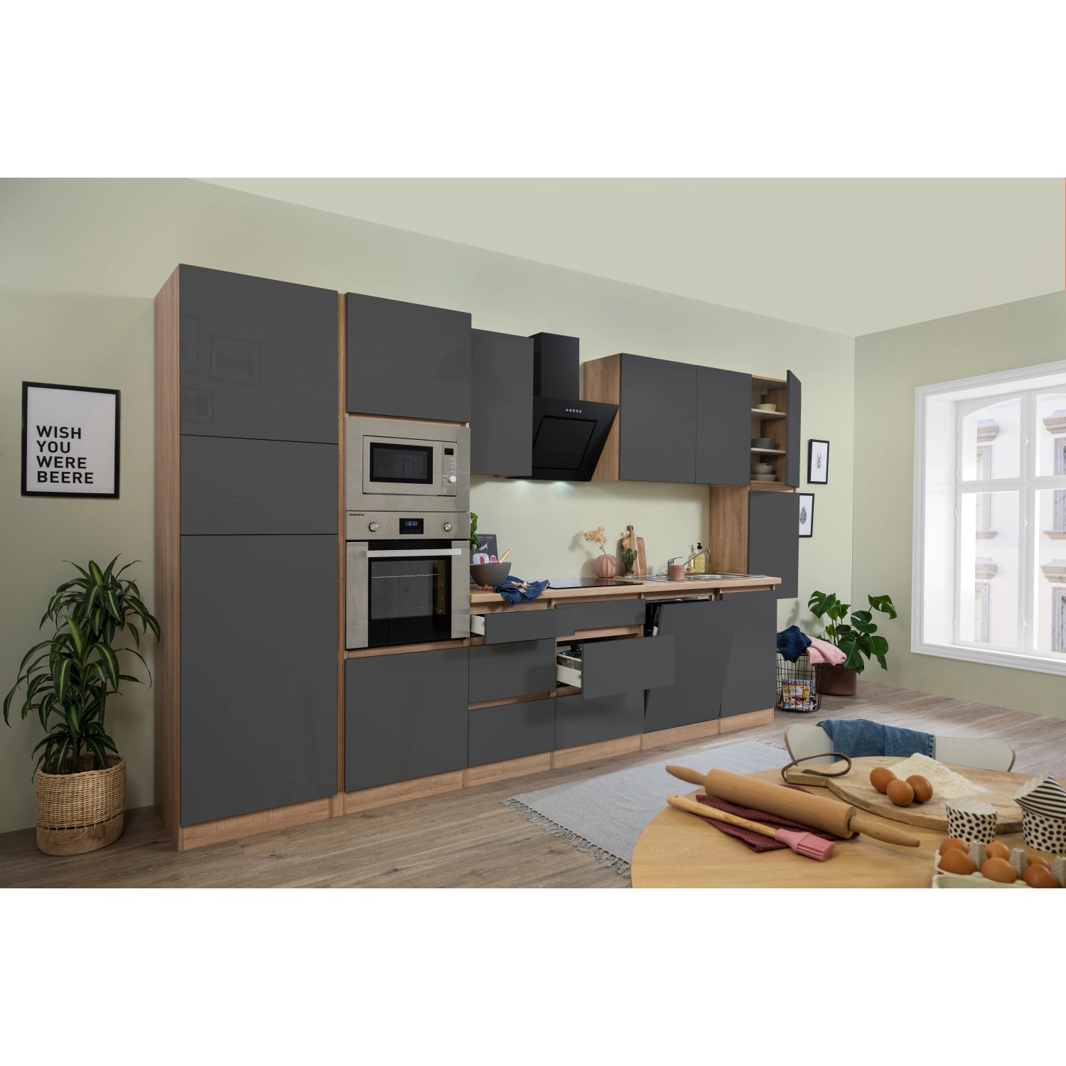 Respekta Premium Küchenzeile Grifflos 395 cm Grau Hochglanz-Eiche Sägerau