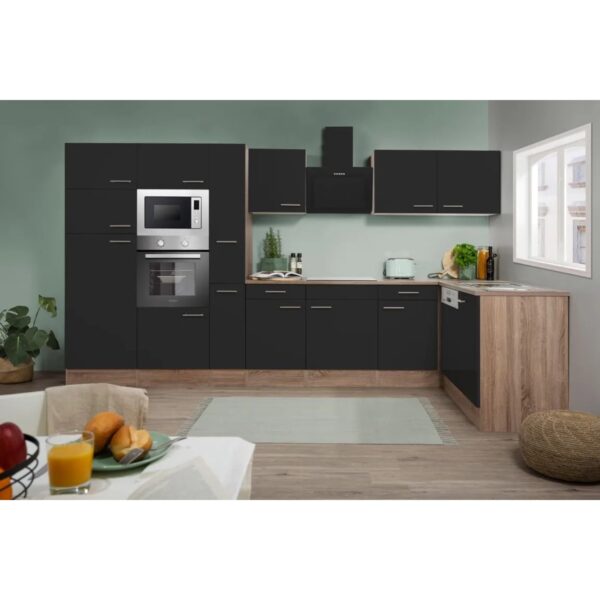 Respekta Winkelküche 370 cm Schwarz Seidenglanz-Eiche York Nachbildung