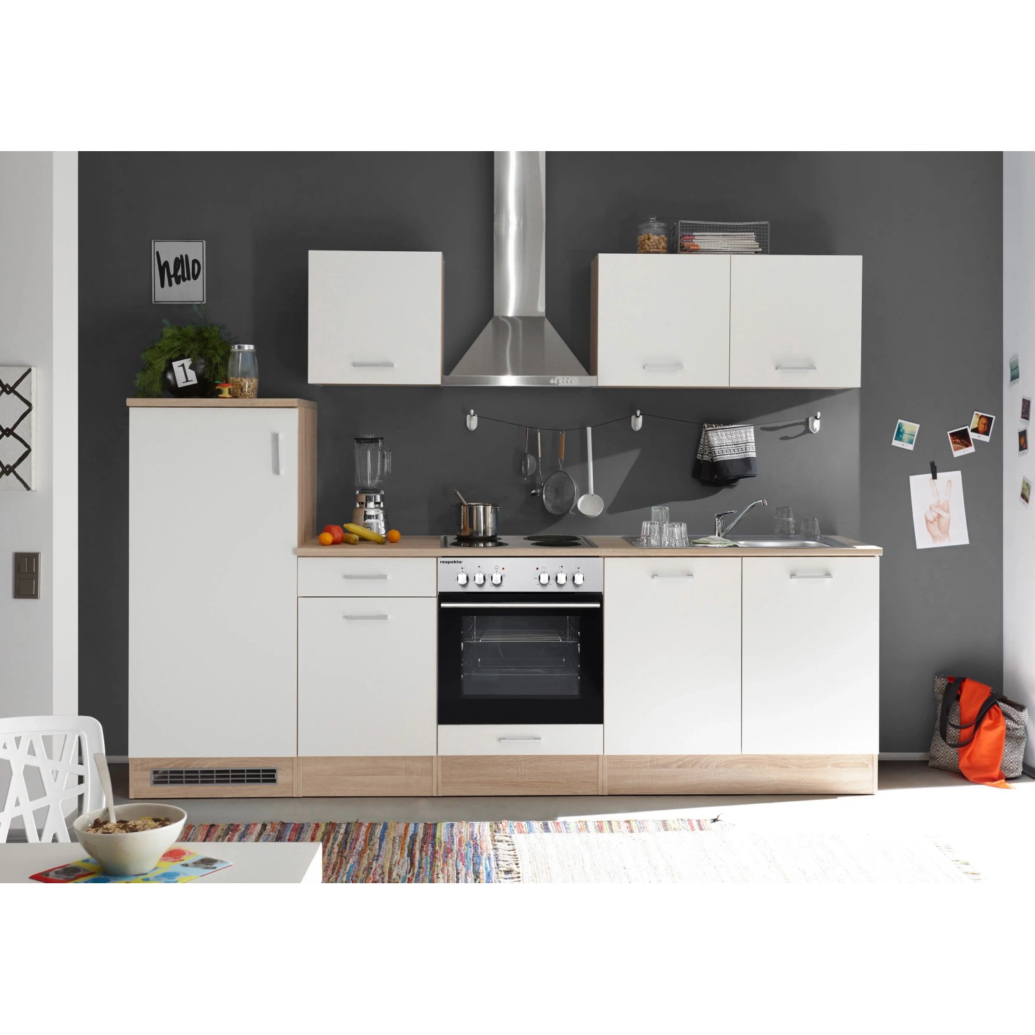 Respekta Küchenzeile KB270ENWP 270 cm Weiß-Eiche Natura Nachbildung Glänzend